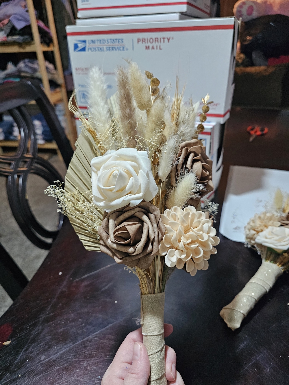 Boho Neutral Dried Floral Bridesmaid Bouquet 1 – Cream & Brown